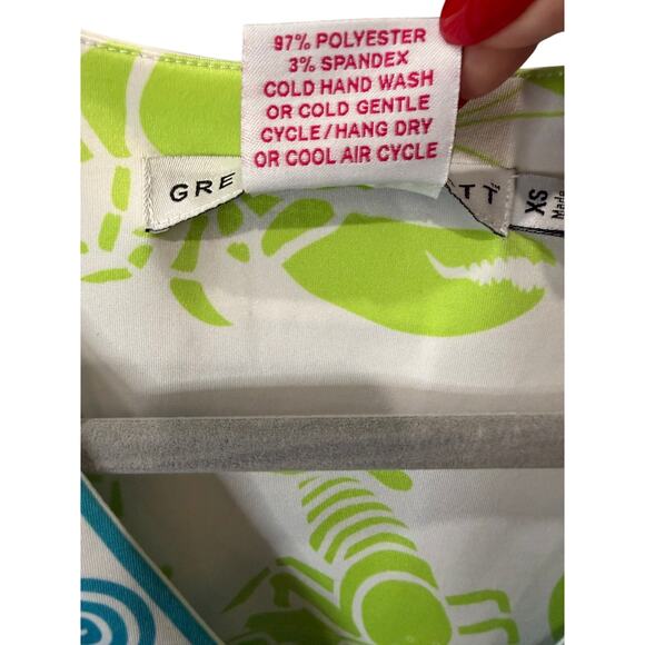 Gretchen Scott White Turquoise Print Sheath Dress XS V‑Neck 3/4 Sleeve EUC ✨ - Picture 6 of 6